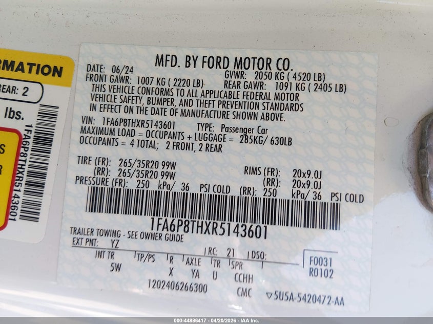 VIN 1FA6P8THXR5143601 2024 FORD MUSTANG ECOBOOST PREMIUM FASTBACK