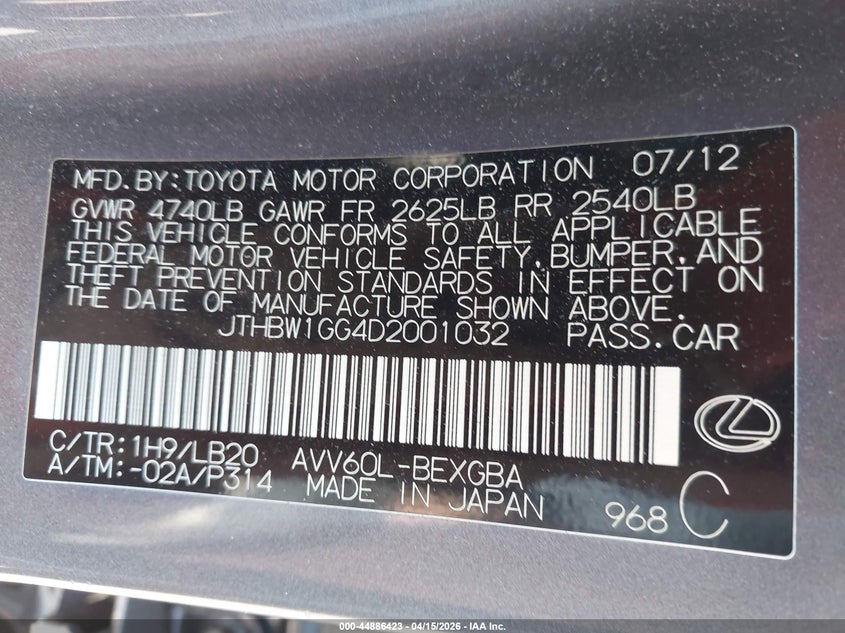 2013 Lexus Es 300H VIN: JTHBW1GG4D2001032 Lot: 44886423