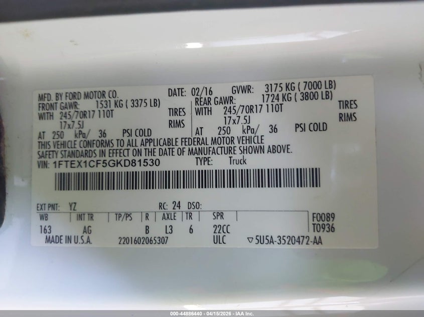 2016 Ford F-150 Xl VIN: 1FTEX1CF5GKD81530 Lot: 44886440