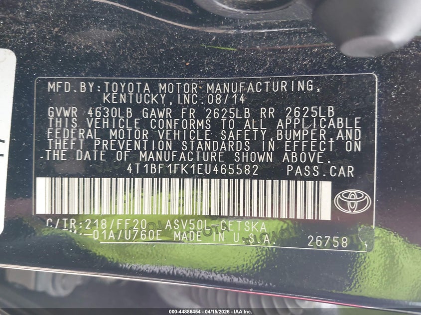2014 Toyota Camry Se VIN: 4T1BF1FK1EU465582 Lot: 44886454