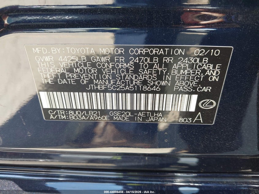 2010 Lexus Is 250 VIN: JTHBF5C25A5118646 Lot: 44886456
