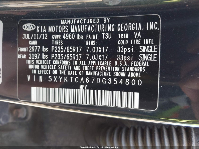 2013 Kia Sorento Lx VIN: 5XYKTCA67DG354800 Lot: 44886461