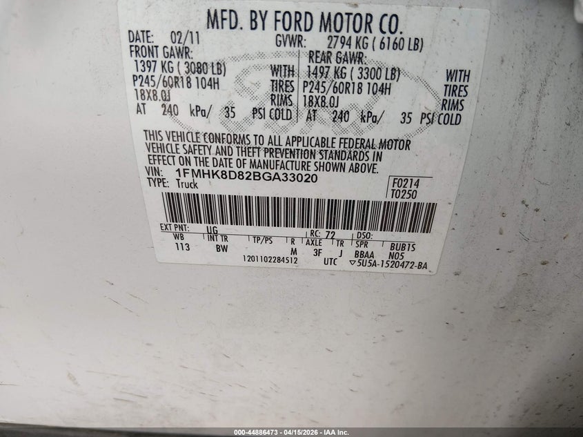 2011 Ford Explorer Xlt VIN: 1FMHK8D82BGA33020 Lot: 44886473