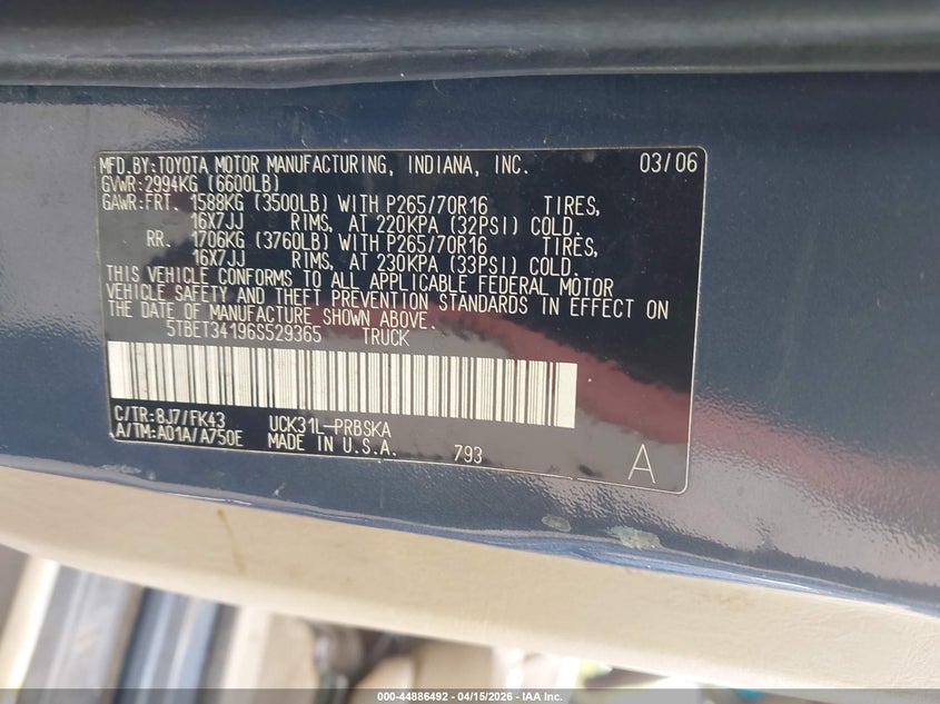 2006 Toyota Tundra Sr5 V8 VIN: 5TBET34196S529365 Lot: 44886492