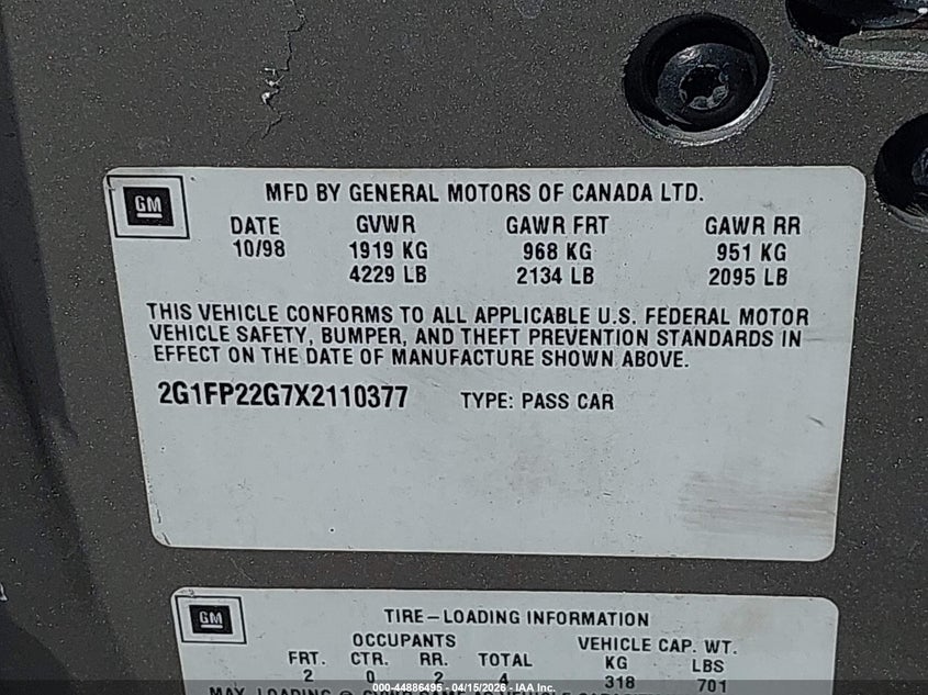 1999 Chevrolet Camaro Z28 VIN: 2G1FP22G7X2110377 Lot: 44886495