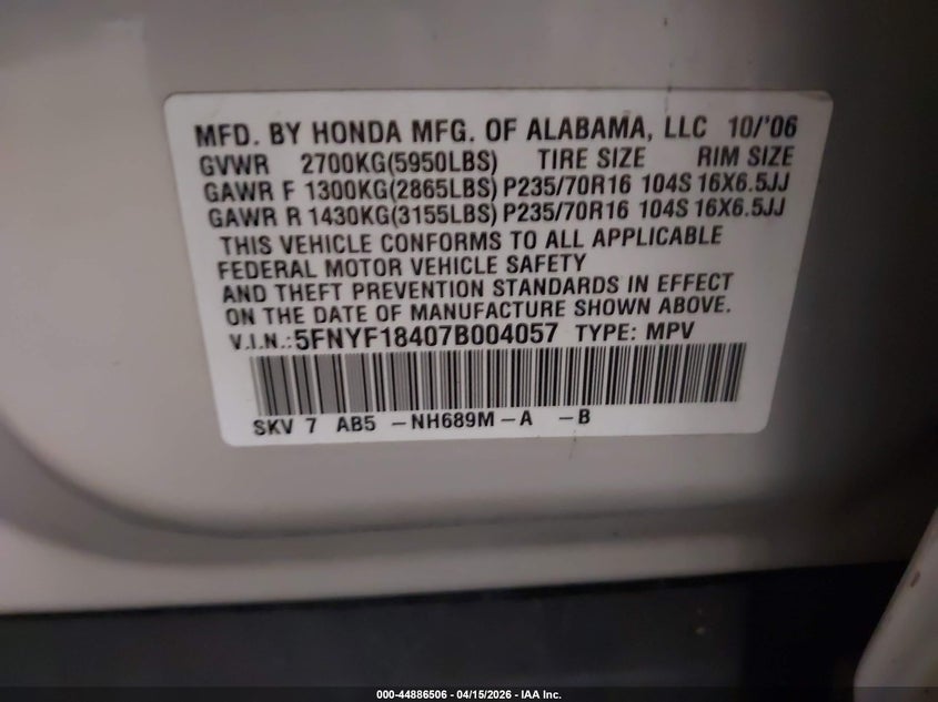 2007 Honda Pilot Ex VIN: 5FNYF18407B004057 Lot: 44886506