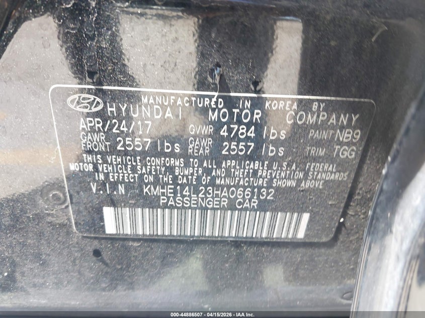 2017 Hyundai Sonata Plug-In Hybrid VIN: KMHE14L23HA066132 Lot: 44886507