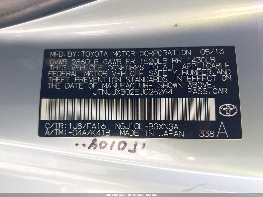 2014 Scion Iq 10 Series VIN: JTNJJXB02EJ026264 Lot: 44886536