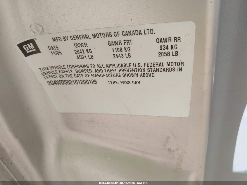 2006 Buick Lacrosse Cxl VIN: 2G4WD582161200105 Lot: 44886542