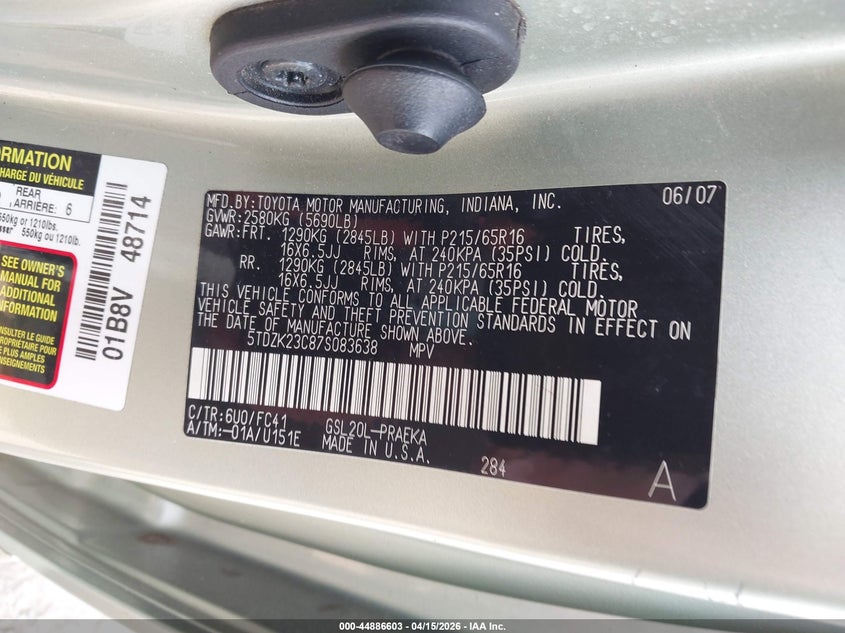 2007 Toyota Sienna Le VIN: 5TDZK23C87S083638 Lot: 44886603