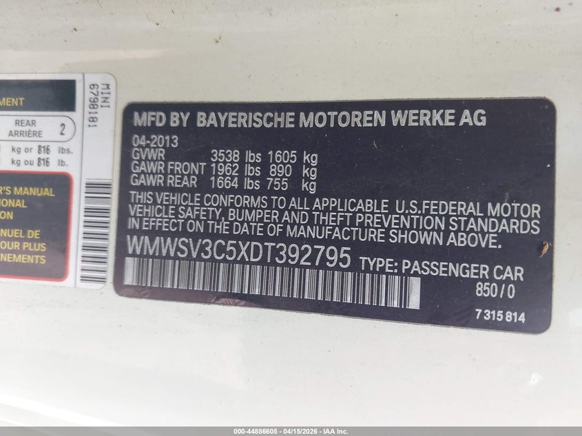 2013 Mini Hardtop Cooper S VIN: WMWSV3C5XDT392795 Lot: 44886605