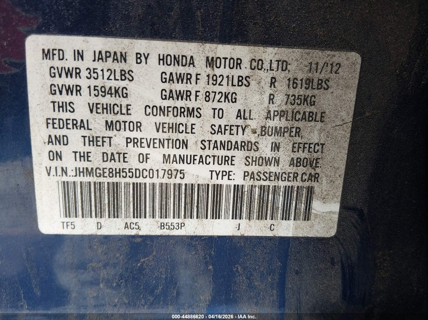 2013 Honda Fit 1.5 Sport blue Lot 111044886620 Vin JHMGE8H55DC017975
