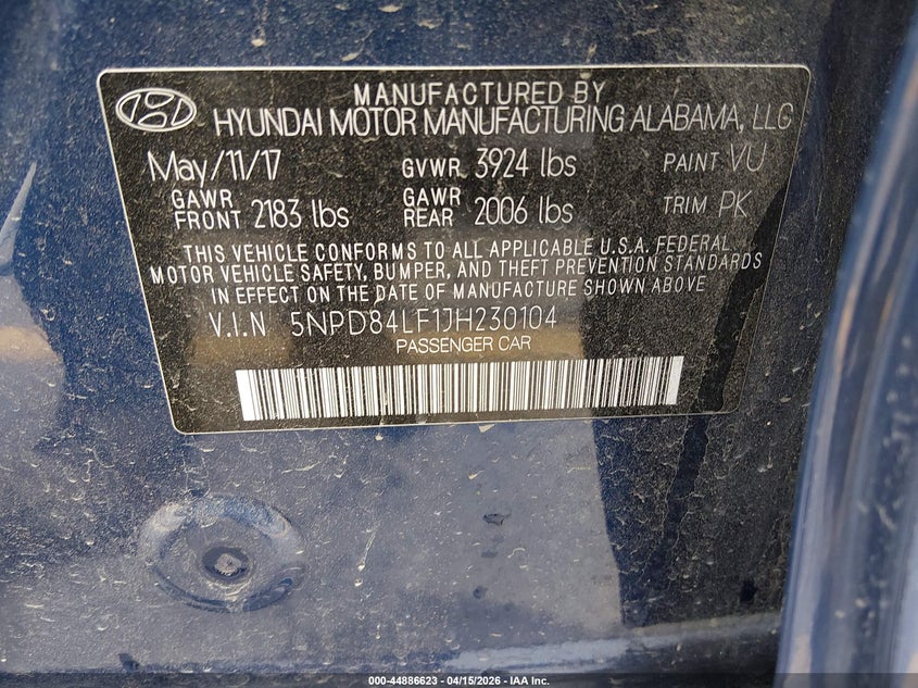 2018 Hyundai Elantra Sel VIN: 5NPD84LF1JH230104 Lot: 44886623