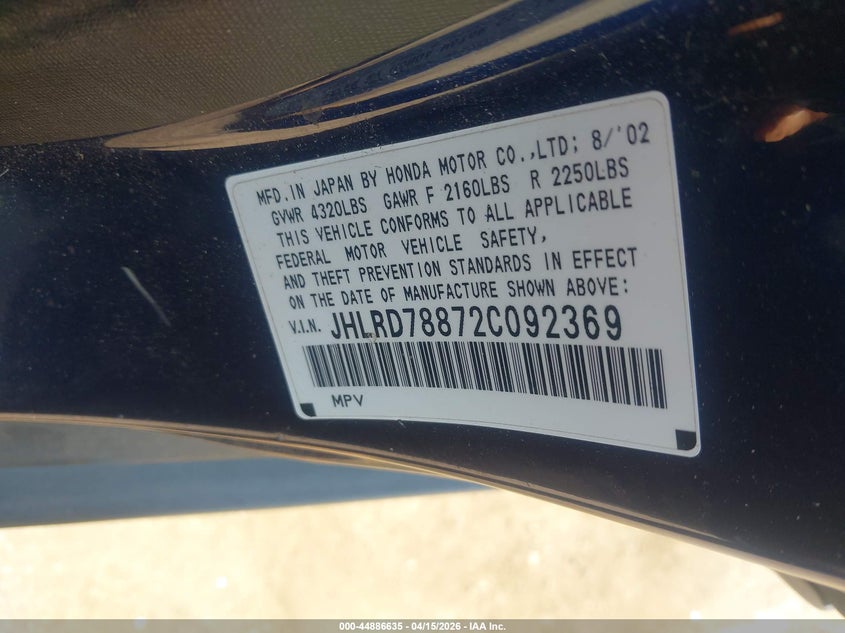 2002 Honda Cr-V Ex VIN: JHLRD78872C092369 Lot: 44886635