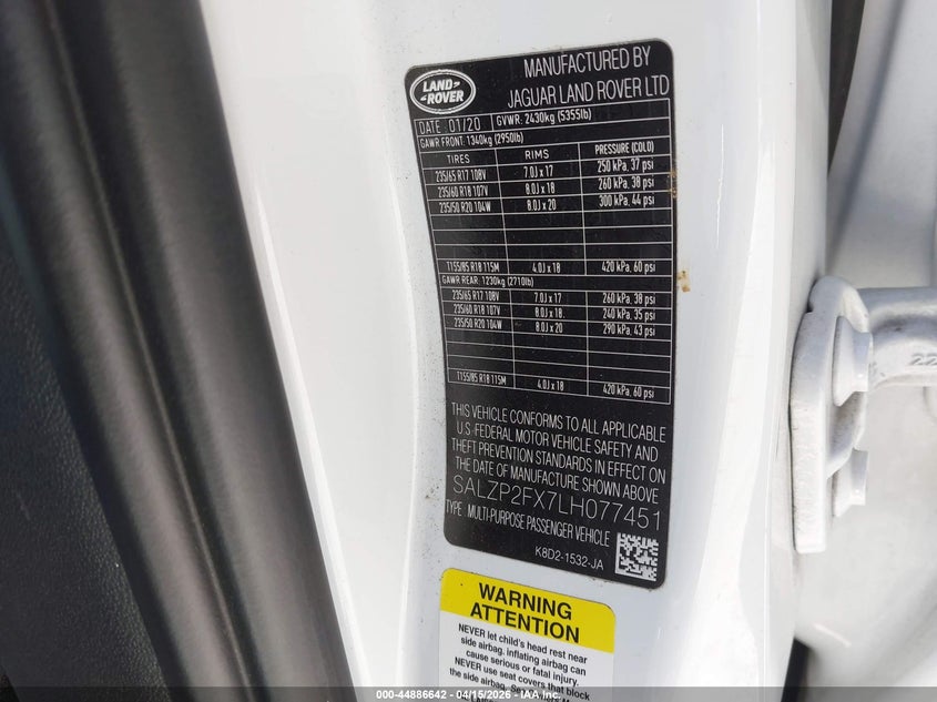 2020 Land Rover Range Rover Evoque Se VIN: SALZP2FX7LH077451 Lot: 44886642