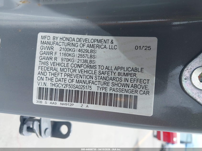 2025 Honda Accord Hybrid Sport VIN: 1HGCY2F50SA025175 Lot: 44886730