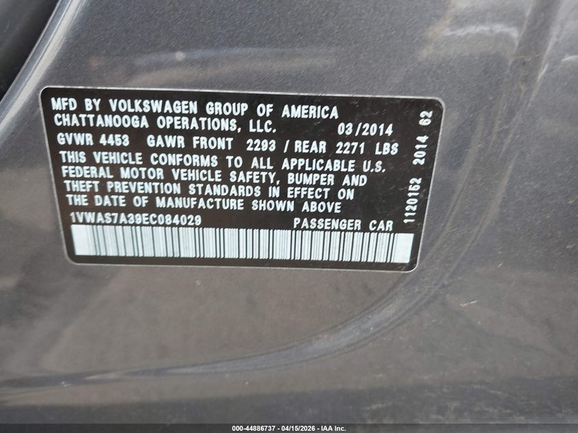 2014 Volkswagen Passat 1.8T S VIN: 1VWAS7A39EC084029 Lot: 44886737