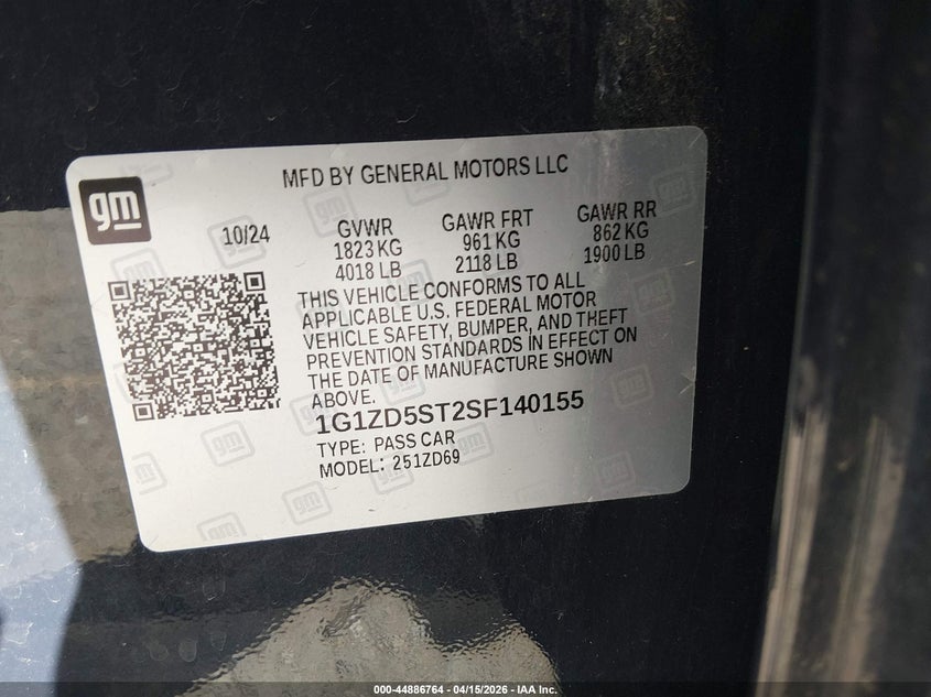 2025 Chevrolet Malibu Fwd 1Lt VIN: 1G1ZD5ST2SF140155 Lot: 44886764