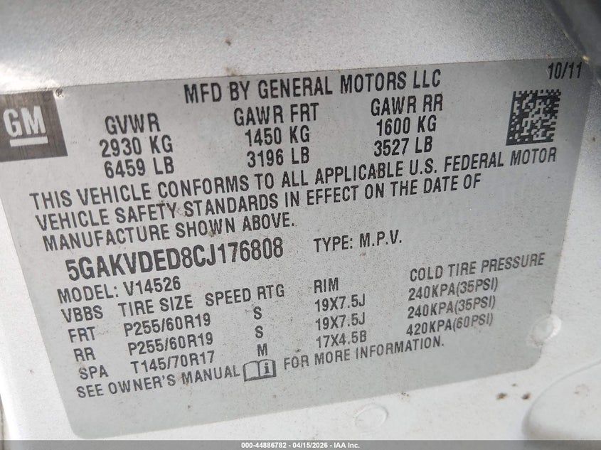 2012 Buick Enclave Premium VIN: 5GAKVDED8CJ176808 Lot: 44886782