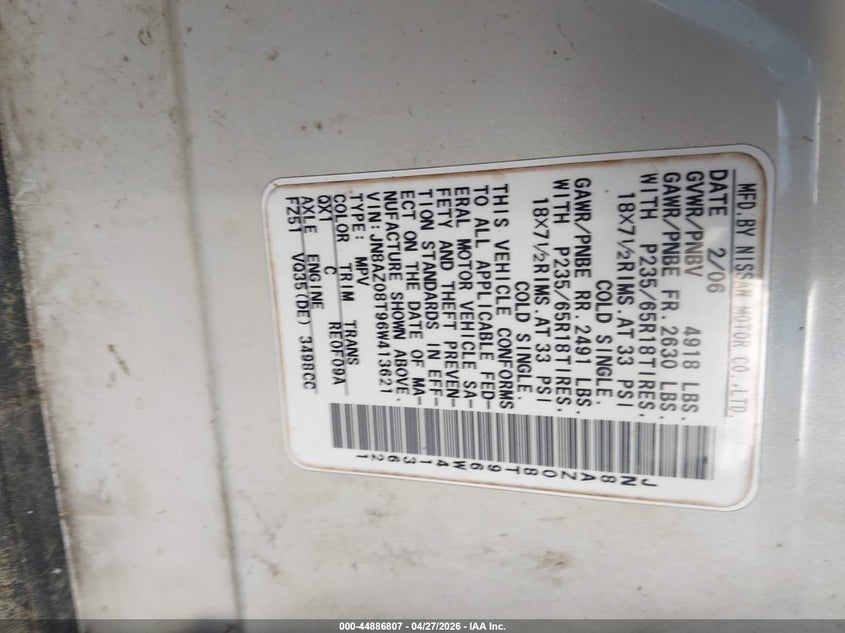 2006 Nissan Murano Sl VIN: JN8AZ08T96W413621 Lot: 44886807