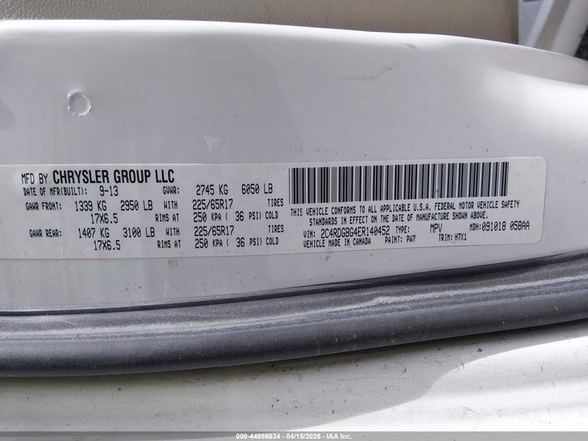 2014 Dodge Grand Caravan Se VIN: 2C4RDGBG4ER140452 Lot: 44886834