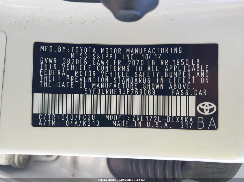 2018 Toyota Corolla Se VIN: 5YFBURHE9JP769069 Lot: 44886905