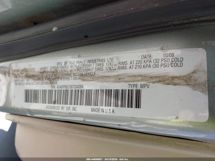 2009 Subaru Outback 2.5I Limited VIN: 4S4BP66C897334284 Lot: 44886907