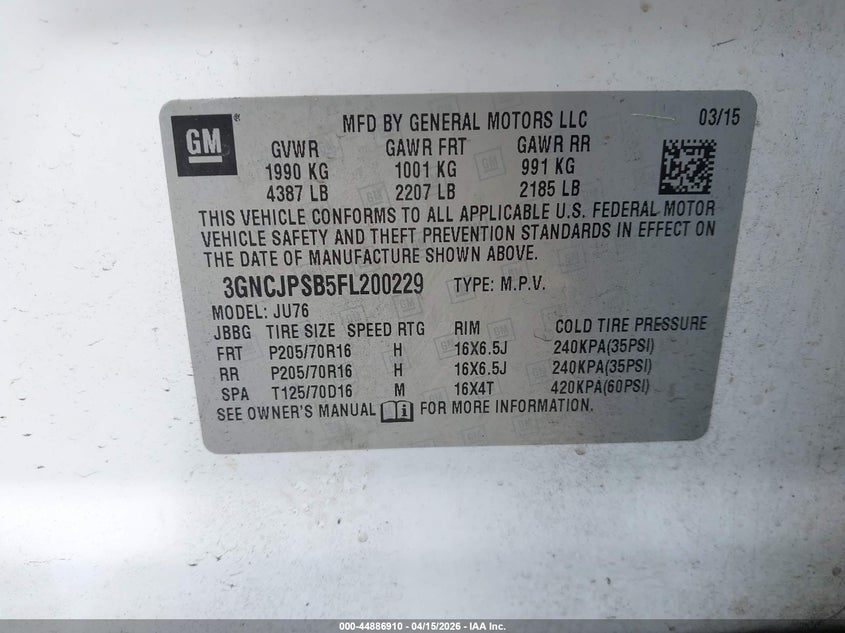 2015 Chevrolet Trax 1Ls VIN: 3GNCJPSB5FL200229 Lot: 44886910