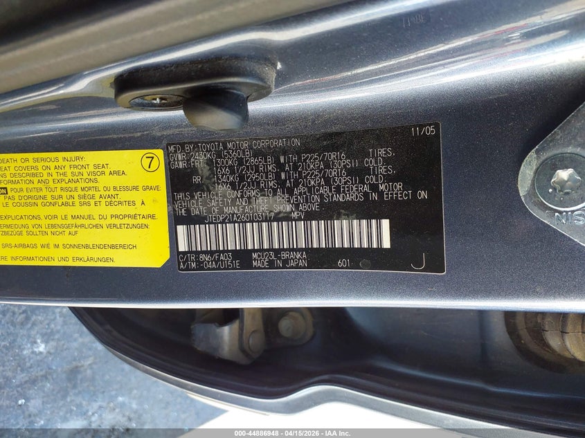 2006 Toyota Highlander V6 VIN: JTEDP21A260103117 Lot: 44886948