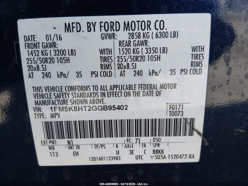 2016 Ford Explorer Platinum VIN: 1FM5K8HT2GGB95402 Lot: 44886960