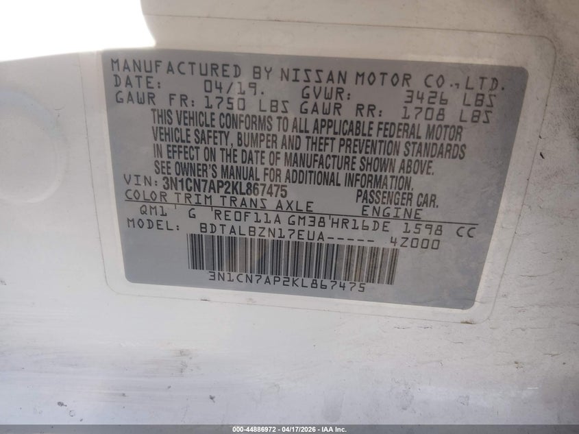 2019 NISSAN VERSA SEDAN 1.6L I-4 DOHC, VVT, 109HP