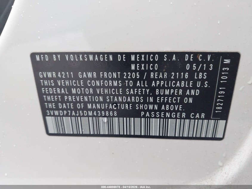 2013 Volkswagen Jetta 2.5L Se VIN: 3VWDP7AJ5DM439868 Lot: 44886978