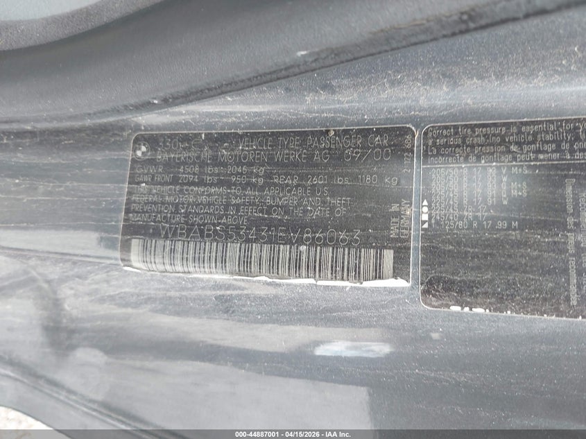 2001 BMW 330Ci VIN: WBABS53431EV86063 Lot: 44887001