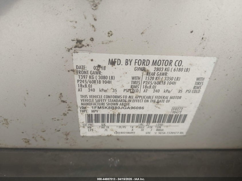 2018 Ford Explorer VIN: 1FM5K8B80JGA96086 Lot: 44887013