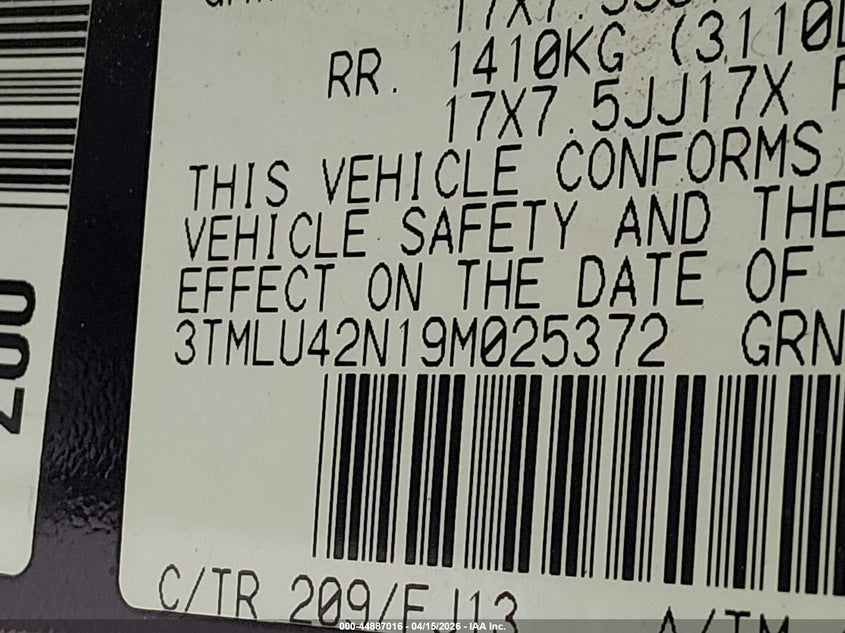 2009 Toyota Tacoma Base V6 VIN: 3TMLU42N19M025372 Lot: 44887016