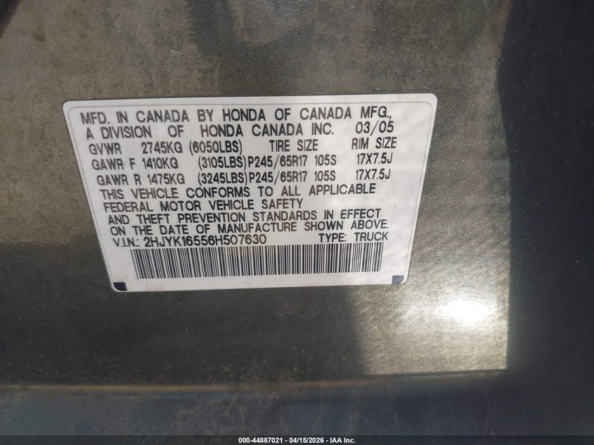 2006 Honda Ridgeline Rtl VIN: 2HJYK16556H507630 Lot: 44887021