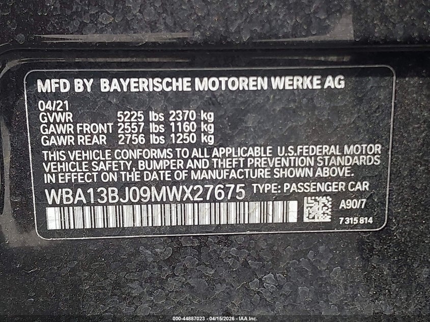 2021 BMW 530I xDrive VIN: WBA13BJ09MWX27675 Lot: 44887023