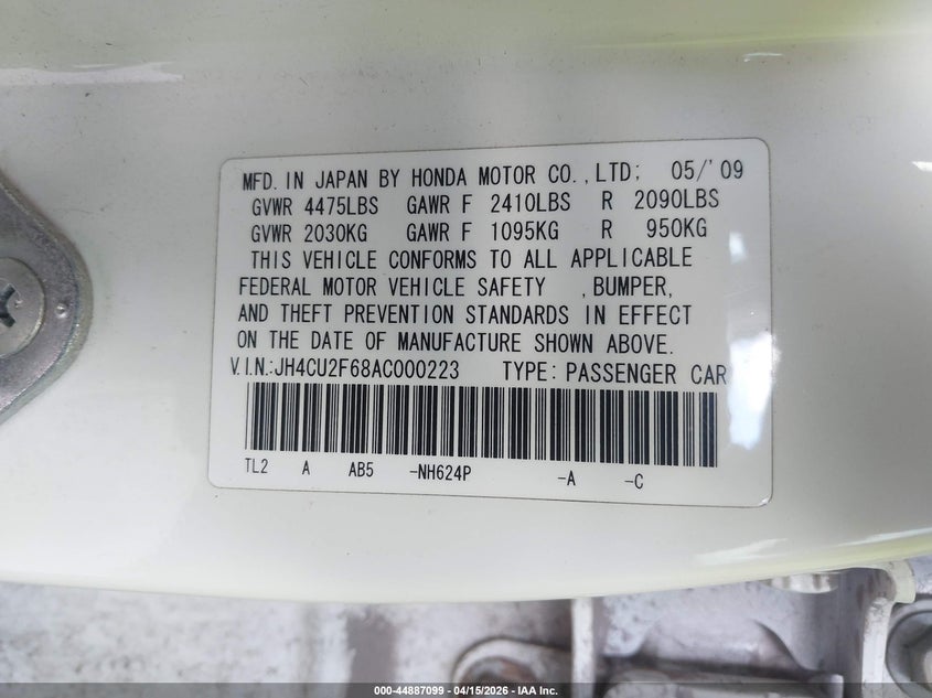 2010 Acura Tsx 2.4 VIN: JH4CU2F68AC000223 Lot: 44887099