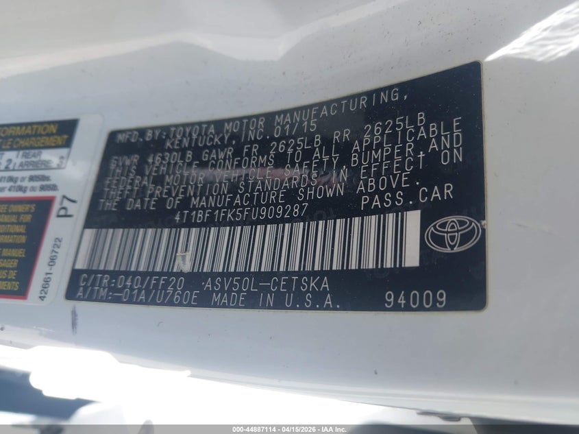 2015 Toyota Camry Se VIN: 4T1BF1FK5FU909287 Lot: 44887114