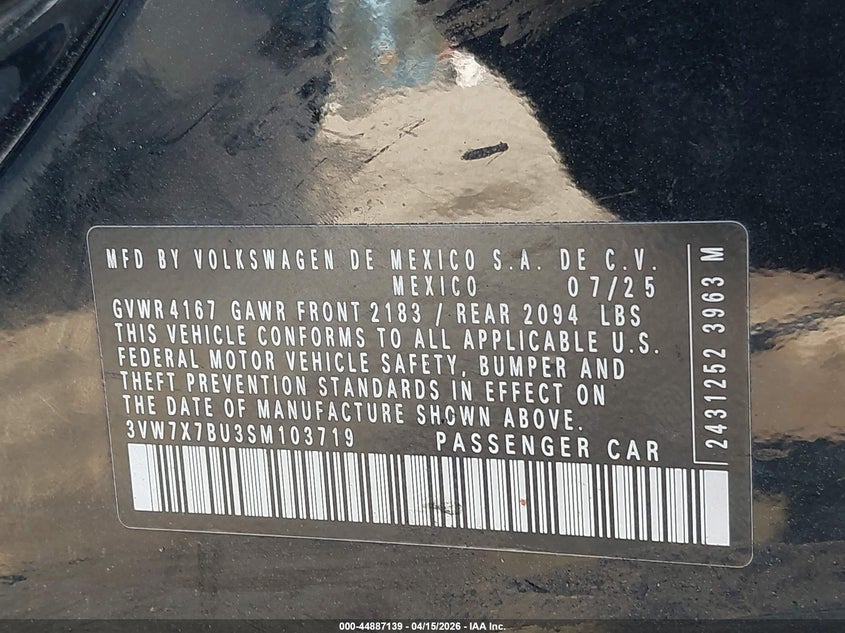 2025 Volkswagen Jetta 1.5T Se VIN: 3VW7X7BU3SM103719 Lot: 44887139