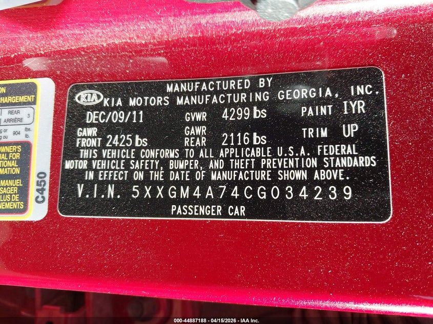 2012 Kia Optima Lx VIN: 5XXGM4A74CG034239 Lot: 44887188