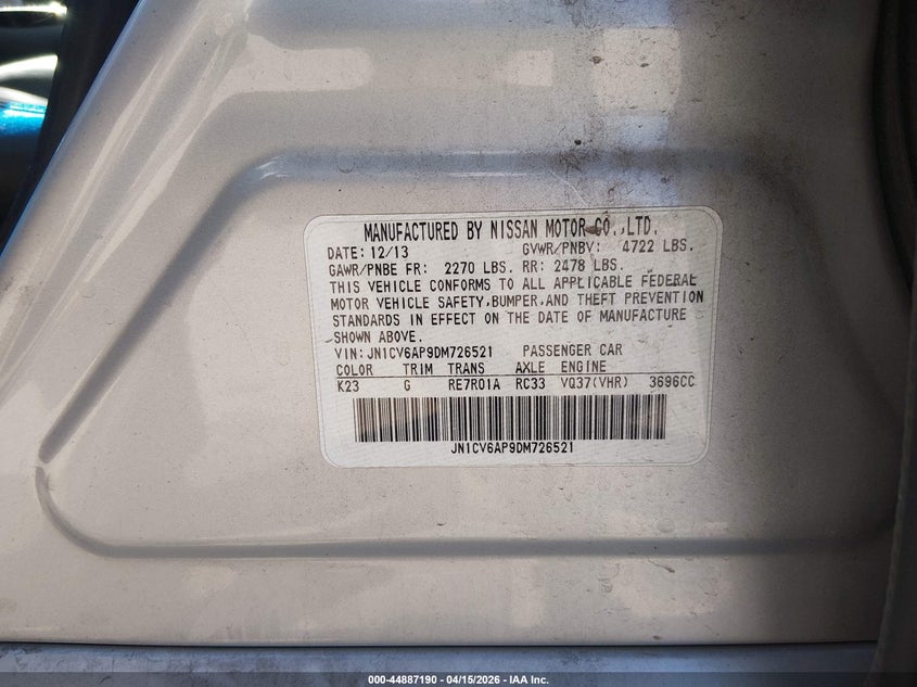 2013 Infiniti G37 Journey VIN: JN1CV6AP9DM726521 Lot: 44887190