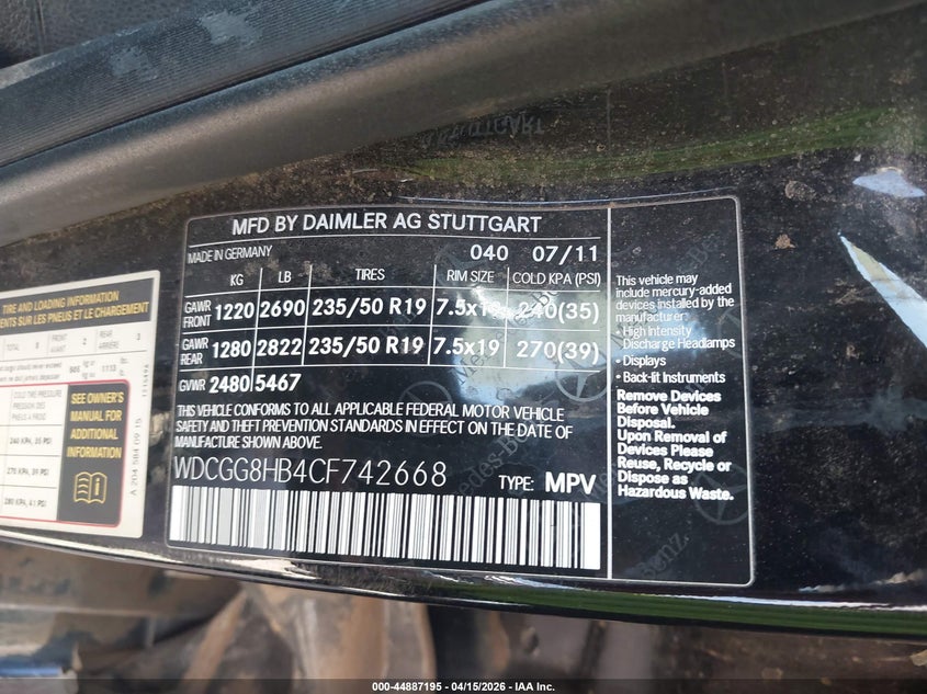 2012 Mercedes-Benz Glk 350 4Matic VIN: WDCGG8HB4CF742668 Lot: 44887195