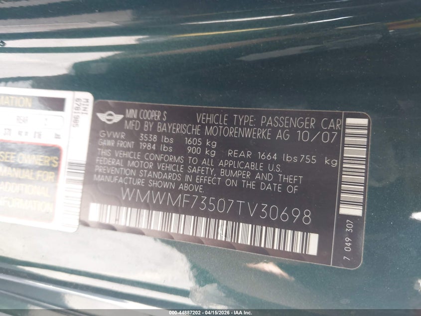2007 Mini Cooper S VIN: WMWMF73507TV30698 Lot: 44887202