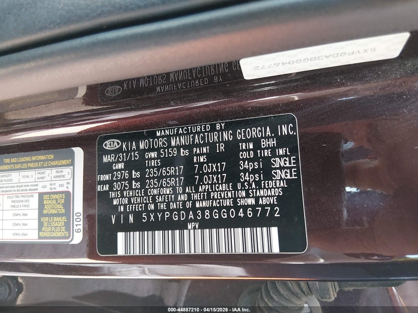 2016 Kia Sorento 2.4L Lx VIN: 5XYPGDA38GG046772 Lot: 44887210