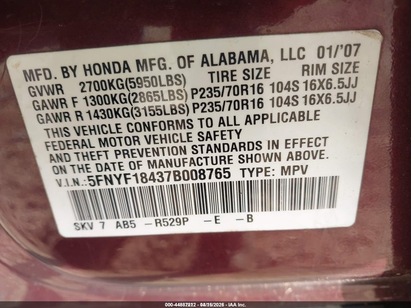 2007 Honda Pilot Ex VIN: 5FNYF18437B008765 Lot: 44887212