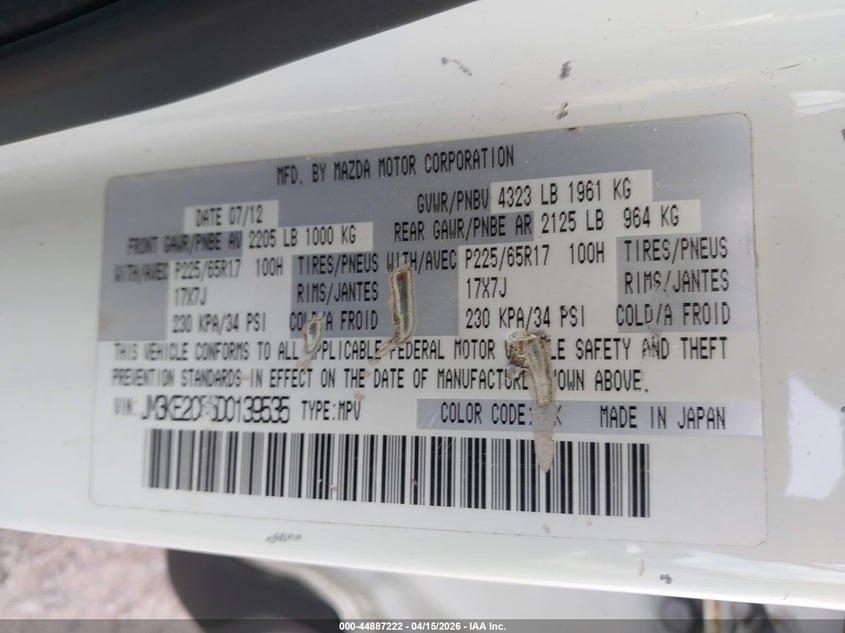 2013 Mazda Cx-5 Touring VIN: JM3KE2CE5D0139535 Lot: 44887222