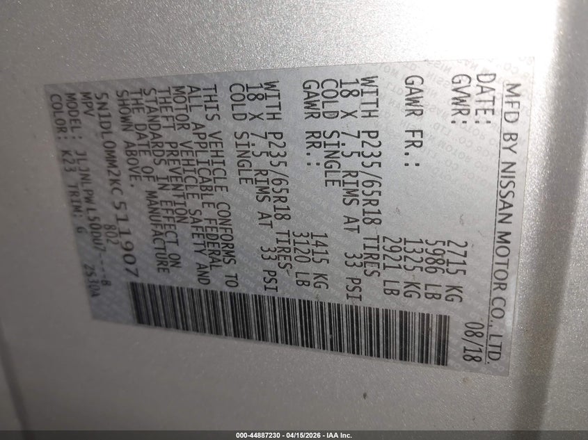 2019 Infiniti Qx60 Pure VIN: 5N1DL0MM2KC511907 Lot: 44887230