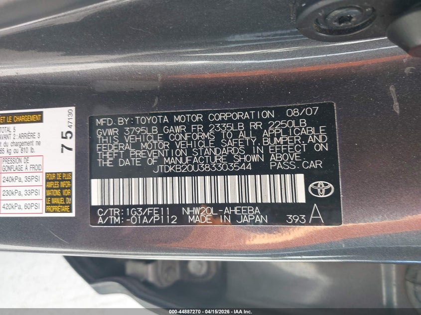 2008 Toyota Prius VIN: JTDKB20U383303544 Lot: 44887270