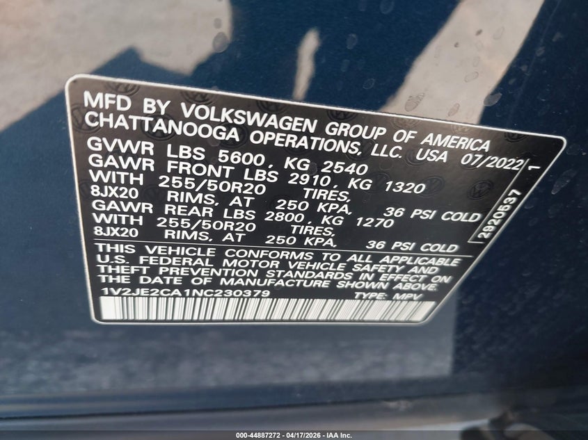 2022 Volkswagen Atlas Cross Sport 3.6L V6 Se W/Technology VIN: 1V2JE2CA1NC230379 Lot: 44887272
